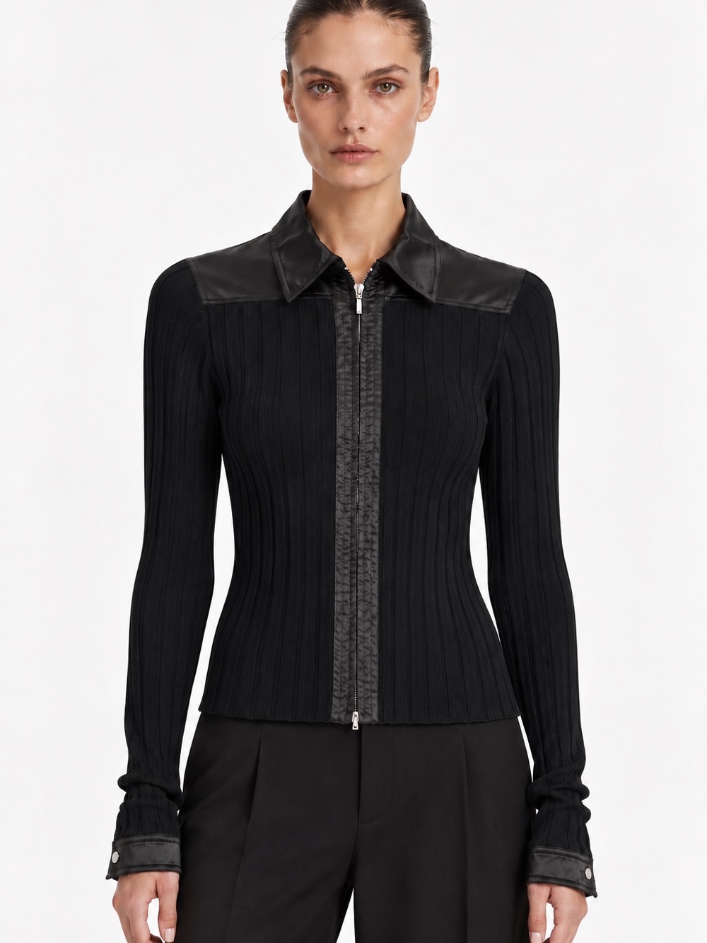 Cabi black ribbed silk trim collared long sleeve top